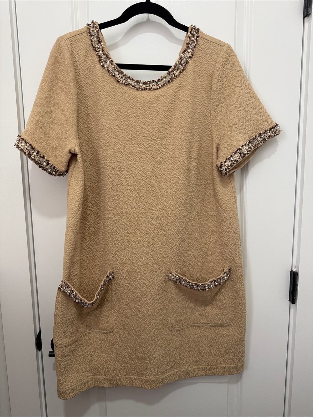 Anthropologie Maeve Beige Textured Shift Dress with Beaded Trim
